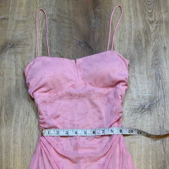 90s Y2K City Triangles Pink Floral Pattern Cottagecore Midi Dress With Ruffled H - Picture 12 of 13